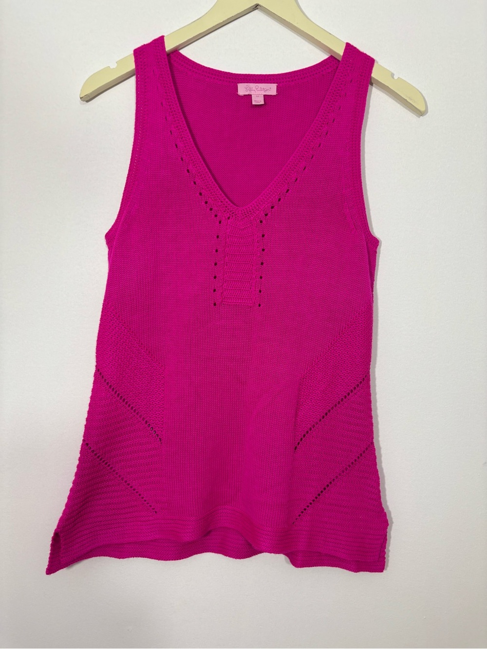 Lilly Pulitzer Hot Pink V-Neck Crochet Knit Tank Sleeveless Preppy Sz Medium